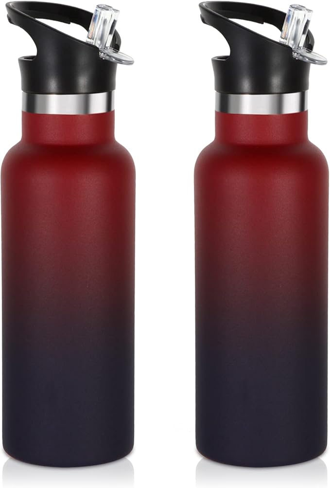 Volhoply 17oz Insulated Water Bottle Bulk 2 Pack,Stainless Steel Kids Water Bottles with Straw Lid,Double Wall Vacuum Metal Cups Water Bottle,Reusable Sports Flask Keep Hot & Cold (Red Purple,2 Set)