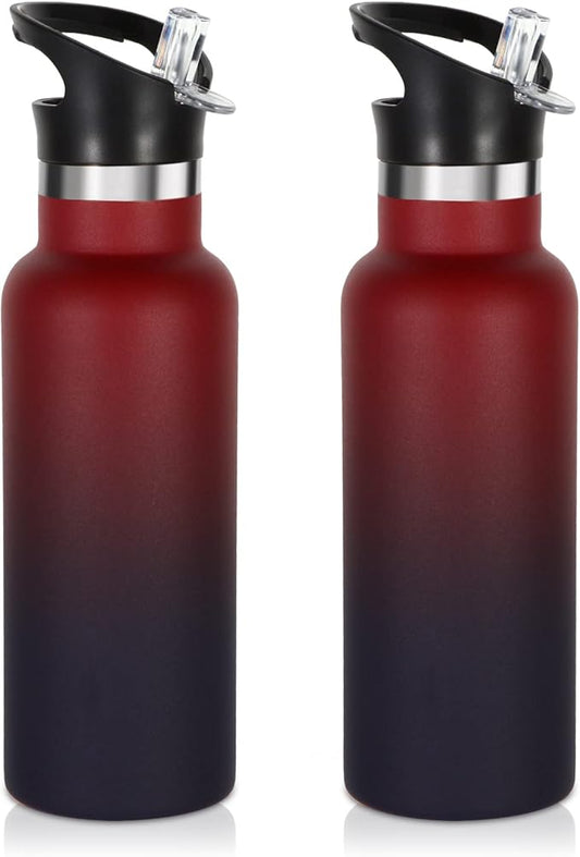 Volhoply 17oz Insulated Water Bottle Bulk 2 Pack,Stainless Steel Kids Water Bottles with Straw Lid,Double Wall Vacuum Metal Cups Water Bottle,Reusable Sports Flask Keep Hot & Cold (Red Purple,2 Set)
