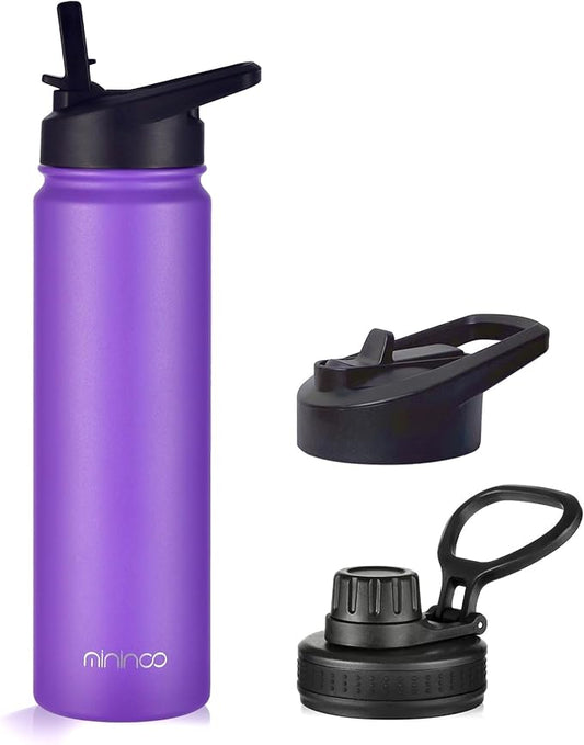 mininoo 24 oz Insulated Water Bottle with Straw Lid, Stainless Steel Double Wall Vacuum, Leak Proof, BPA Free, Keep Cold for 24H & Hot for 12H(Purple)