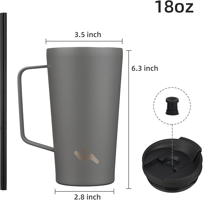 Insulated Tumbler with Handle and Straw, 18 OZ Travel Coffee Mug Stainless Steel Cup Metal Water Bottle,Grey