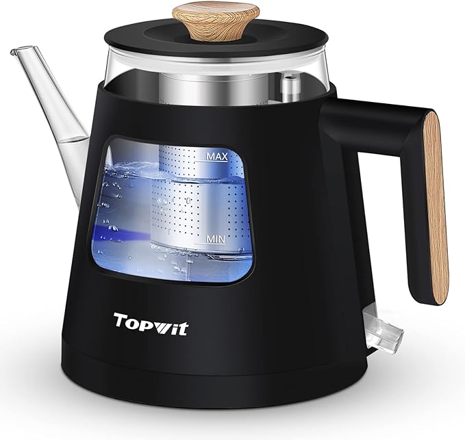 Topwit Electric Kettle, 1.0L Electric Tea Kettle with Removable Stainless Steel Infuser, BPA-Free Electric Glass Kettle with Window, Double Wall Water Warmer, Gooseneck, Auto-shut Off, Black