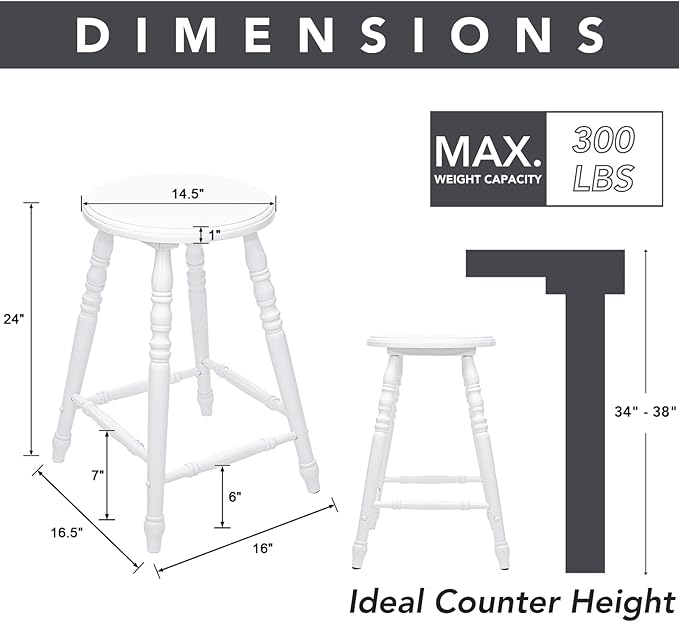 chairus 24" White Backless Counter Height Bar Stools Set of 4, Farmhouse Wooden Counter Stools with Round Seat & Turned Legs, Rustic Vintage Colonial Short Bar Chairs for Kitchen Island