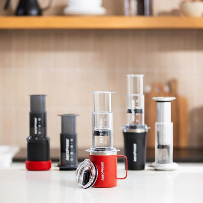 AeroPress Travel Coffee Mug with Handle, Double-Wall Vacuum Insulated Stainless Steel with Splash-Resistant Slider Lid, Compatible for Hot or Cold Drinks, Dishwasher Safe, 12 oz, Red