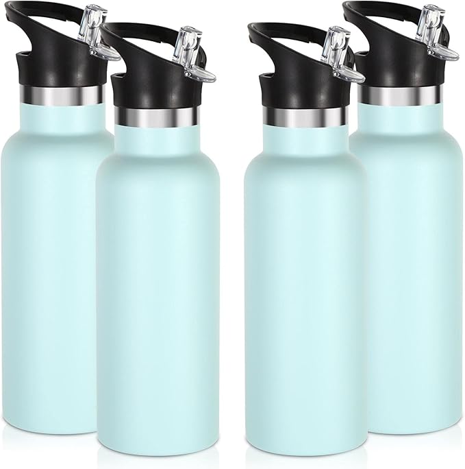 Volhoply 17oz Insulated Water Bottle Bulk 4 Pack,Stainless Steel Kids Water Bottles with Straw Lid,Double Wall Vacuum Metal Water Bottle,Reusable Sports School Flask Keep Hot & Cold (Fog,4 Set)