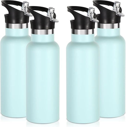 Volhoply 17oz Insulated Water Bottle Bulk 4 Pack,Stainless Steel Kids Water Bottles with Straw Lid,Double Wall Vacuum Metal Water Bottle,Reusable Sports School Flask Keep Hot & Cold (Fog,4 Set)