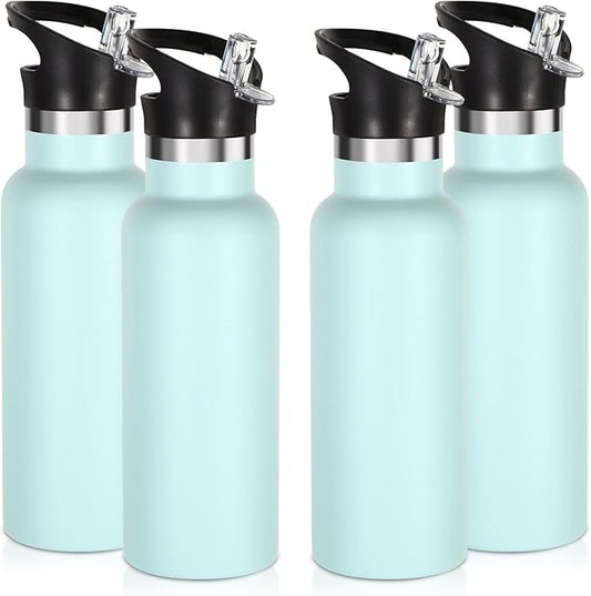 Volhoply 17oz Insulated Water Bottle Bulk 4 Pack,Stainless Steel Kids Water Bottles with Straw Lid,Double Wall Vacuum Metal Water Bottle,Reusable Sports School Flask Keep Hot & Cold (Fog,4 Set)
