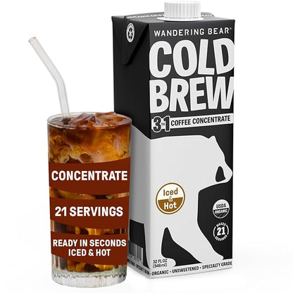 Wandering Bear Organic Unsweetened Extra Strong Cold Brew in a Box Coffee, Shelf-Stable, 21 Servings, Ideal for Wandering Black Concentrate