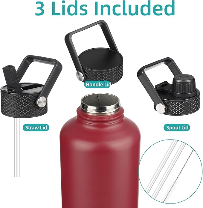 Insulated Water Bottle with Straw,87 oz 3 Lids Water Jug with Carrying Bag,Paracord Handle,Double Wall Vacuum Stainless Steel Metal Flask,Dark Red