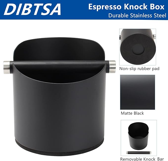 Large Size Coffee Knock Box, Espresso Knock Box Stainless Steel Espresso Machine Accessories with Removable Knock Bar and Non-Slip Base Coffee Grounds Container Bin (Black)