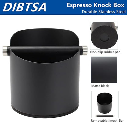 Large Size Coffee Knock Box, Espresso Knock Box Stainless Steel Espresso Machine Accessories with Removable Knock Bar and Non-Slip Base Coffee Grounds Container Bin (Black)