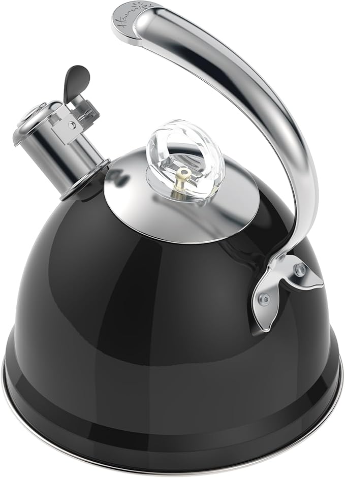 Harriet Tea Kettle Stovetop, 2.5 QT Whistling Stainless Steel Teapot, 3-Layer Base, Unique Ergonomic Handle, Includes Pot Holder & Mat, Electric/Induction/Gas Stovetops Applicable, Black