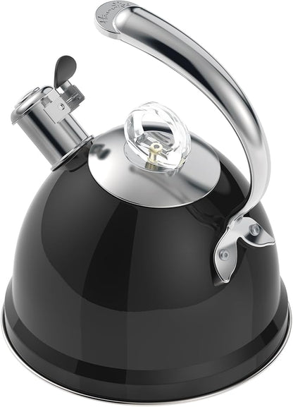 Harriet Tea Kettle Stovetop, 2.5 QT Whistling Stainless Steel Teapot, 3-Layer Base, Unique Ergonomic Handle, Includes Pot Holder & Mat, Electric/Induction/Gas Stovetops Applicable, Black