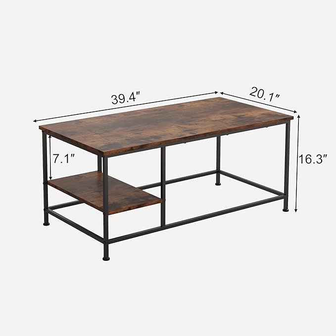 SENIG Brown Rectangle Wood and Metal Coffee Table with Storage Shelf for Small Living Rooms with Shelf