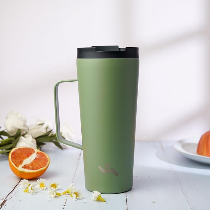 Insulated Tumbler with Handle and Straw, 26 OZ Travel Coffee Mug Stainless Steel Cup Metal Water Bottle,Camp Green