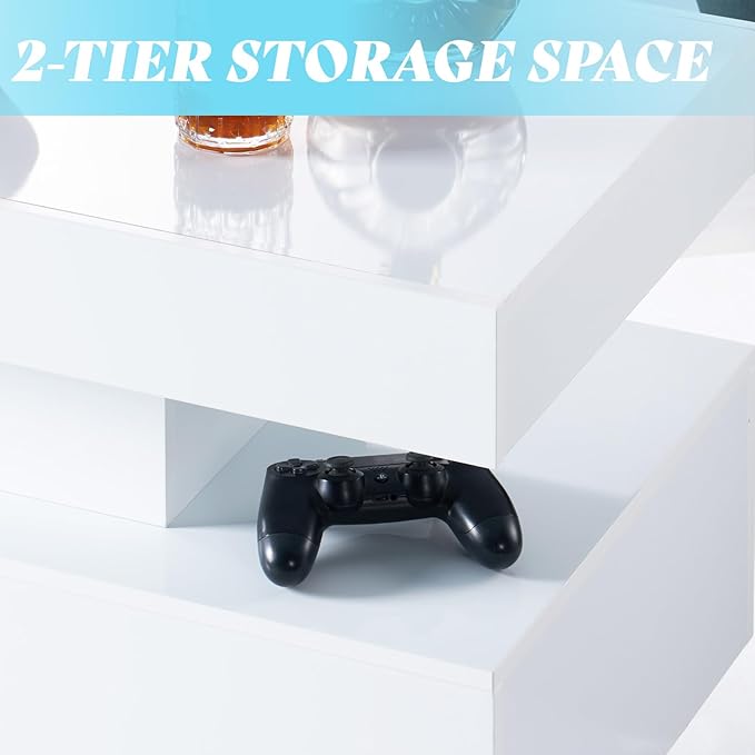 AMERLIFE High Gloss LED Coffee Table, Modern 2-Tier Center Table with LED Lights, Open Storage Space, 40in Simple Rectangular Sofa Side Table for Living Room, White