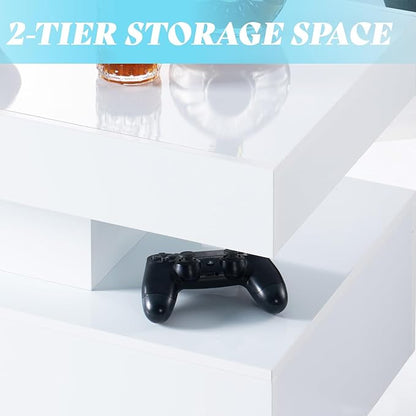 AMERLIFE High Gloss LED Coffee Table, Modern 2-Tier Center Table with LED Lights, Open Storage Space, 40in Simple Rectangular Sofa Side Table for Living Room, White