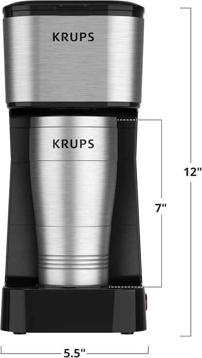 KRUPS: 2 Cup Coffee Maker, Simply Brew Stainless Steel Single Serve Drip Coffee Machine and Travel Tumbler 14 Ounce Stainless Steel Tumbler Included 650 Watts Coffee Filter, Compact Silver and Black