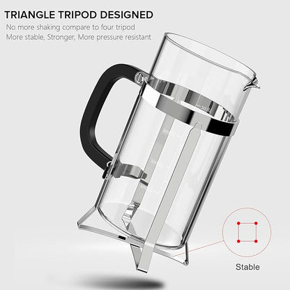 QUQIYSO French Press Coffee Maker 304 Stainless Steel French Press with 4 Filter, Heat Resistant Durable, Easy to Clean, Borosilicate Glass Coffee Press, 100% BPA Free Glass Teapot, 21 ounce, Silver