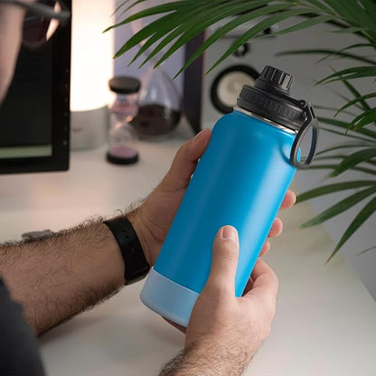 koodee Insulated Water Bottle, 32 oz Stainless Steel Double Wall Vacuum Wide Mouth Sport Bottle with Leakproof Spout Lid (Sky Blue)