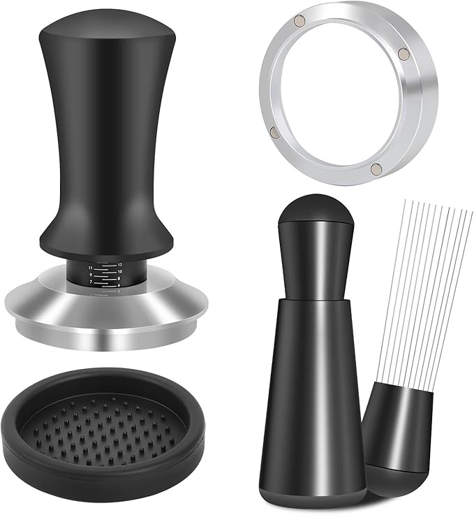 58mm Espresso Accessories Kit, Spring Loaded Calibrated Tamper, WDT Tool and Dosing Funnel Set Fits Espresso Coffee Machines and 58 mm Portafilters