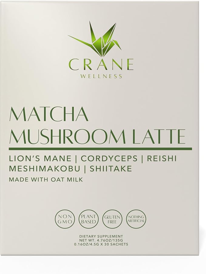 Matcha Mushroom Latte Mix with Adaptogens, 30 Sachets, Oat Milk, Plant Based for Focus and Clarity