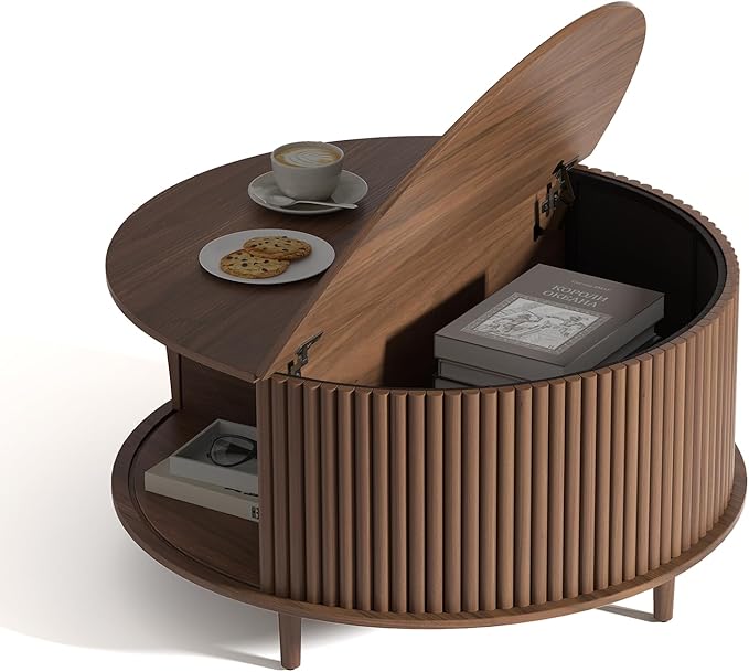 Round Coffee Table with Storage,31.5" Mid Century Modern Coffee Table with Hidden Compartment,Fluted Center Table for Living Room,Home Small Space,Walnut