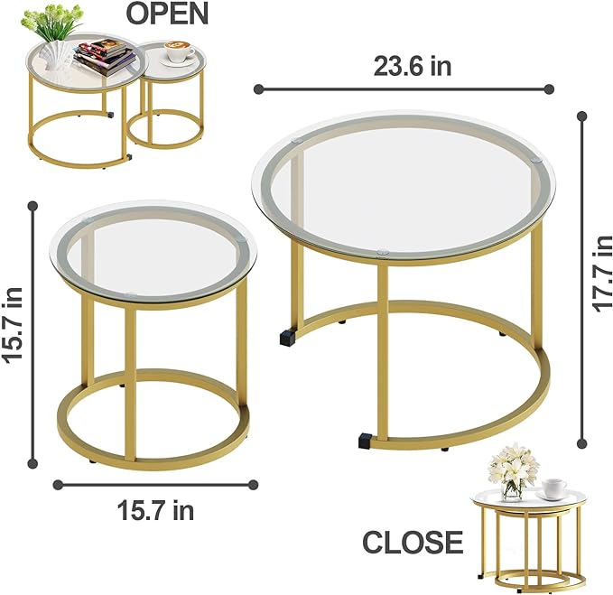 aboxoo Gold Nesting Coffee Table Set of 2, Small Glass Round Nesting Tables for Living Room Bedroom, Accent Tea Table with Metal Frame Modern Industrial Simple