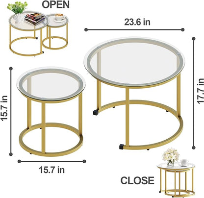 aboxoo Gold Nesting Coffee Table Set of 2, Small Glass Round Nesting Tables for Living Room Bedroom, Accent Tea Table with Metal Frame Modern Industrial Simple