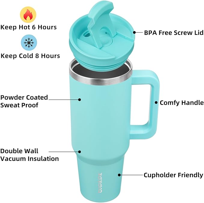 BJPKPK 40 oz Stainless Steel Tumbler With Handle Insulated Tumblers With 2 Straw Travel Coffee Mug With Lid,Turquoise