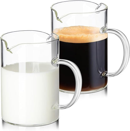 Leinuosen 2 Pcs Small Glass Creamer Pitcher with Spout Milk Frothing Pitcher Elegant Shaped Glass Coffee Tea Milk Creamer Jug Creative Milk Frother Cup (Simple Style,250ml)
