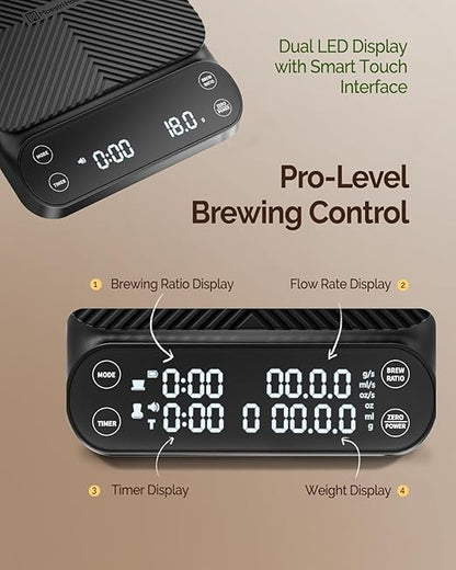 Maestri House S3 Coffee Scale with Timer, 3kg/0.1g Rechargeable Digital Scale, 3 Brew Modes, Adjustable Ratios & Flow Rate Display, Barista-Grade for Pour-Over, Espresso, French Press – Black