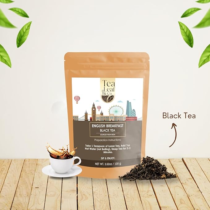 Tealeaf & Co. English Breakfast Black Tea - English Breakfast Tea in Loose Leaf Form - Contains Low Caffeine - Upto 50 Servings - Gluten Free (3.52oz/100gm)