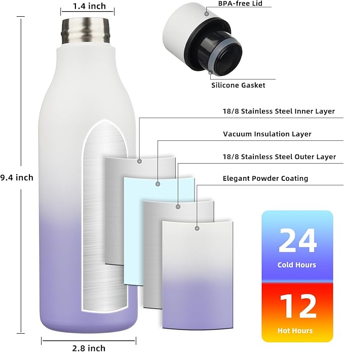 BJPKPK Insulated Water Bottles, 18 oz Stainless Steel Metal Water Bottle with Strap, BPA Free Leak Proof Jugs, Mugs, Flasks, Reusable Thermal Flasks for Sports & Travel, Lilac Elegance