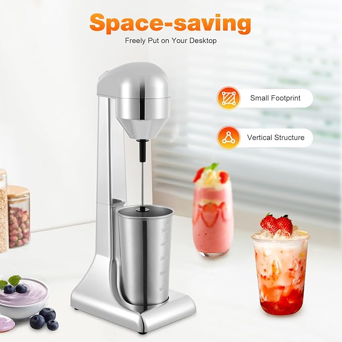Electric Milkshake Maker Machine, 100W 2-Speed Milk Shake Mixer Machine with 17oz Stainless Steel Mixing Cup, Commercial Milkshake Blender & Drink Mixer for Home or Business(Silver)