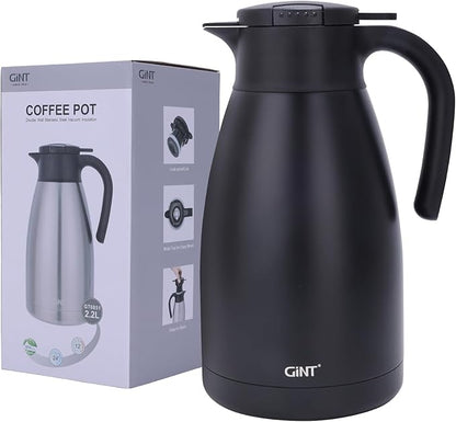 GiNT 2.2L / 74Oz Thermal Coffee Carafe, Insulated Stainless Steel Coffee Carafes for Keeping Hot/Double Walled Vacuum Thermal Carafe (Black)