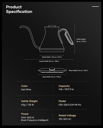 Cocinare FLOW M6 Pro Electric Gooseneck Kettle, ±0.5℉ Temperature Control for Pour-over Coffee & Tea, Stainless Steel Interior, Quick Heating for Boiling Water (Dali White)