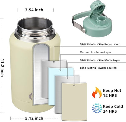 BJPKPK 64oz Insulated Water Bottles, Dishwasher Safe Half gallon Water Bottle with Metal Handle, BPA Free Spout Lid & Detachable Bowl, Large Stainless Steel Jugs, Chartreuse