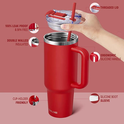 40 oz Tumbler with Handle and Straw Lid,Insulated Reusable Stainless Steel Water Bottle Travel Mug，Cupholder Friendly Double Wall Vacuum Sealed Cup (Cherry Red)