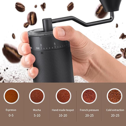 Hand Coffee Grinder Conical Burr for Espresso French Press Pour Over Double Bearing External Adjustment Capacity 25g (Stainless Steel Burr-Black)