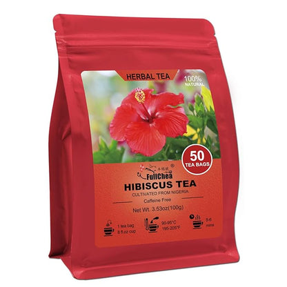 FullChea - Hibiscus Tea Bags, 50 Teabags, 2g/bag - Premium Hibiscus Flower Tea Bag - Cultivated From Nigeria - Non-GMO - Caffeine-free - Rich in Antioxidants & Support Digestion