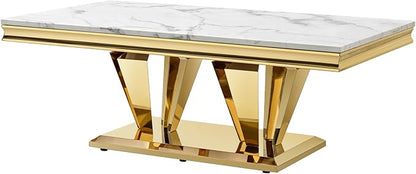 Marble Grain Coffee Table with Gold Stainless Steel Pedestal,Modern Coffee Tables,Rectangualr Living Room Table with Faux Marble Top & Luxury Legs,Imitaion Marble Grain Cocktail Center Table 51.18inch