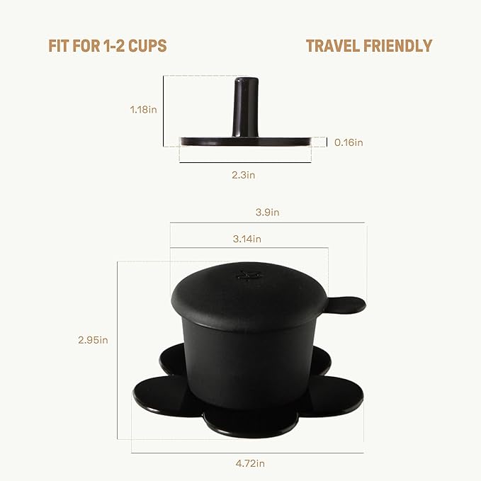 [Holiday Gift] Vietnamese Phin Filter, Plastic Reusable Pour Over Coffee Dripper, Single Cup Coffee Filter with Flower Design for Manual Brewing, Gift for Christmas Thankgiving (Black)