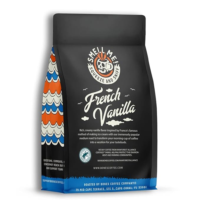 Bones Coffee Company French Vanilla, Creamy Vanilla Flavored Coffee, Medium Roast Low Acid Arabica Beans Compatible with Auto drip and French Press Coffee Maker, 12 Oz Whole Bean