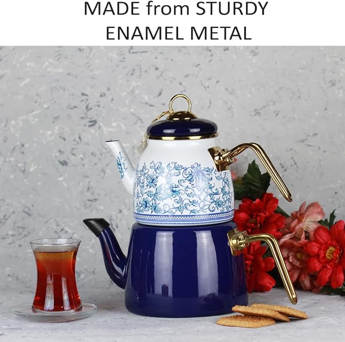 Vintage Turkish Teapot Tea Pots Kettle Set for Stovetop Stove Top Decorative Infuser Party Cups Glasses Floral Unique Boiler Samovar Strainer Loose Leaf Kitchen Style Enamel Decor (White-Blue)
