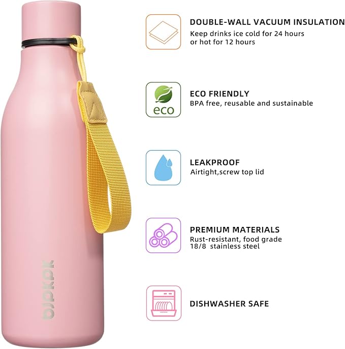 BJPKPK Insulated Water Bottles, 18 oz Stainless Steel Metal Water Bottle with Strap, BPA Free Leak Proof Jugs, Mugs, Flasks, Reusable Thermal Flasks for Sports & Travel, Light Pink