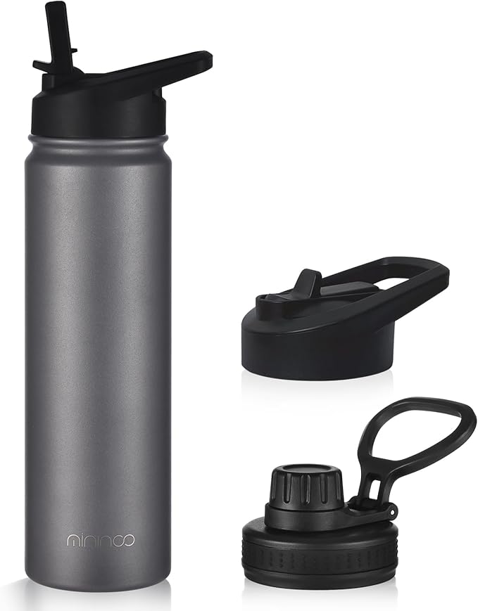 mininoo 24 oz Insulated Water Bottle with Straw Lid, Stainless Steel Double Wall Vacuum, Leak Proof, BPA Free, Keep Cold for 24H & Hot for 12H(Grey)