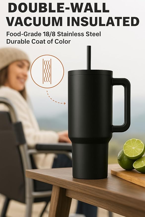 40oz Black Stainless Steel Tumbler with Handle & Straw Lid – Insulated Travel Mug for Hot & Cold Drinks – Gift for Men & Women – Durable Leak-Proof Reusable Cup, Cupholder Friendly