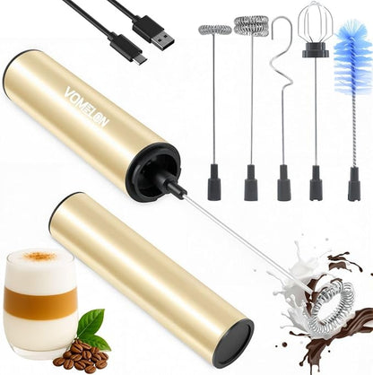 Rechargeable Milk Frother Handheld Electric Frother Wand Milk Foamer Drink Mixer for Coffee, Lattes, Cappuccino, and Egg, Stainless Steel for Travel-Beige