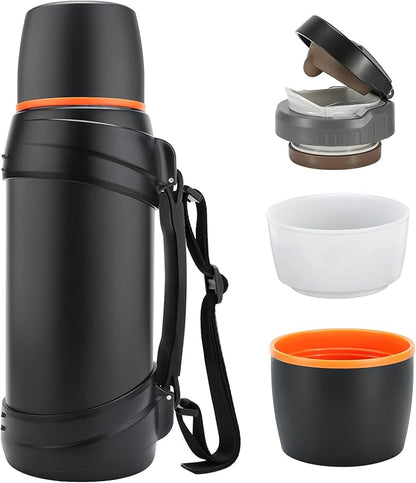 Large Thermosflask- 64oz Stainless Steel Insulated Bottle for Travel with BPA Free Cup - 2.0L Oversized Vacuum Insulated Thermoses with Handle and Strap for Hot & Cold Drinks(Black)