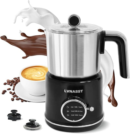 Milk Frother Warmer 3in1 Electric Milk Steamer Stainless Steel Foam Maker, 12oz Hot Cold Frothing, Thick Foam for Macchiatos, Cappuccinos (Black)